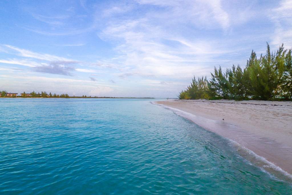 Tranquil beach with turquoise water and trees under a blue sky with clouds.