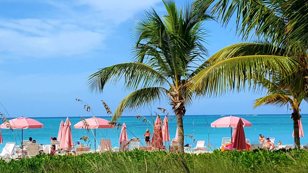 Tropical beach with palm trees, pink umbrellas, and people relaxing by the turquoise sea.
