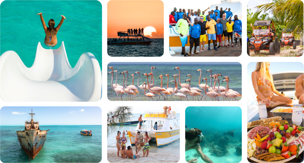 Collage of beach activities: waterslide, boat, wildlife, and group photos.