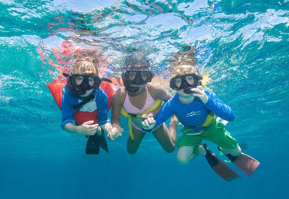 Three people snorkeling underwater, wearing masks and snorkels.