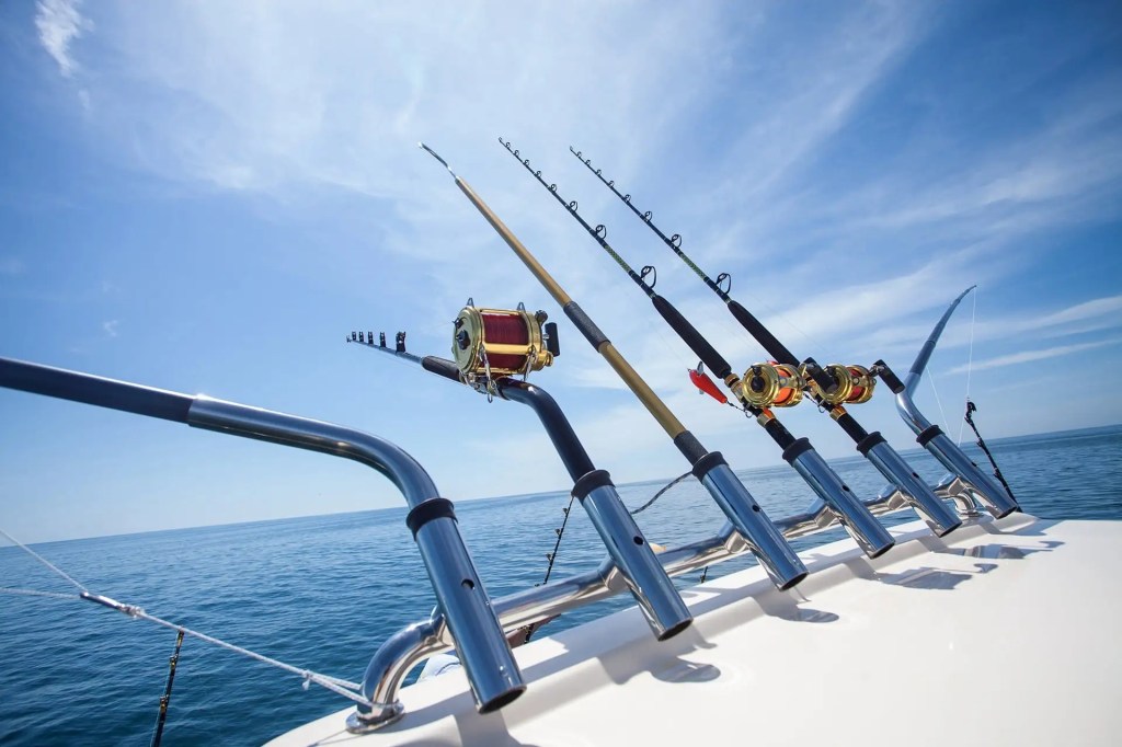 Several fishing rods secured on a boat with a blue sky and ocean in the background.