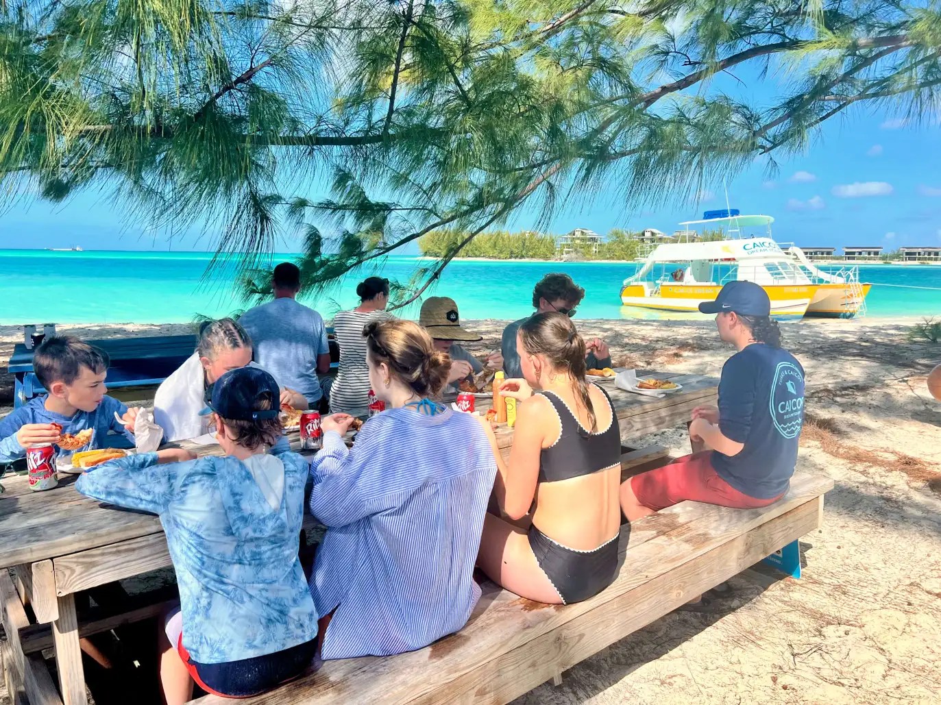 People eat at a picnic table near a tropical beach with a boat in the water.