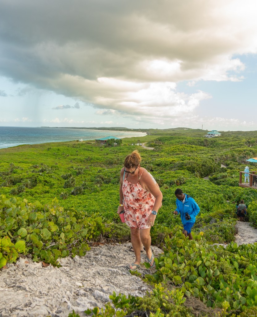 Two people hiking a lush, green hill with a beach and cloudy sky in the background.