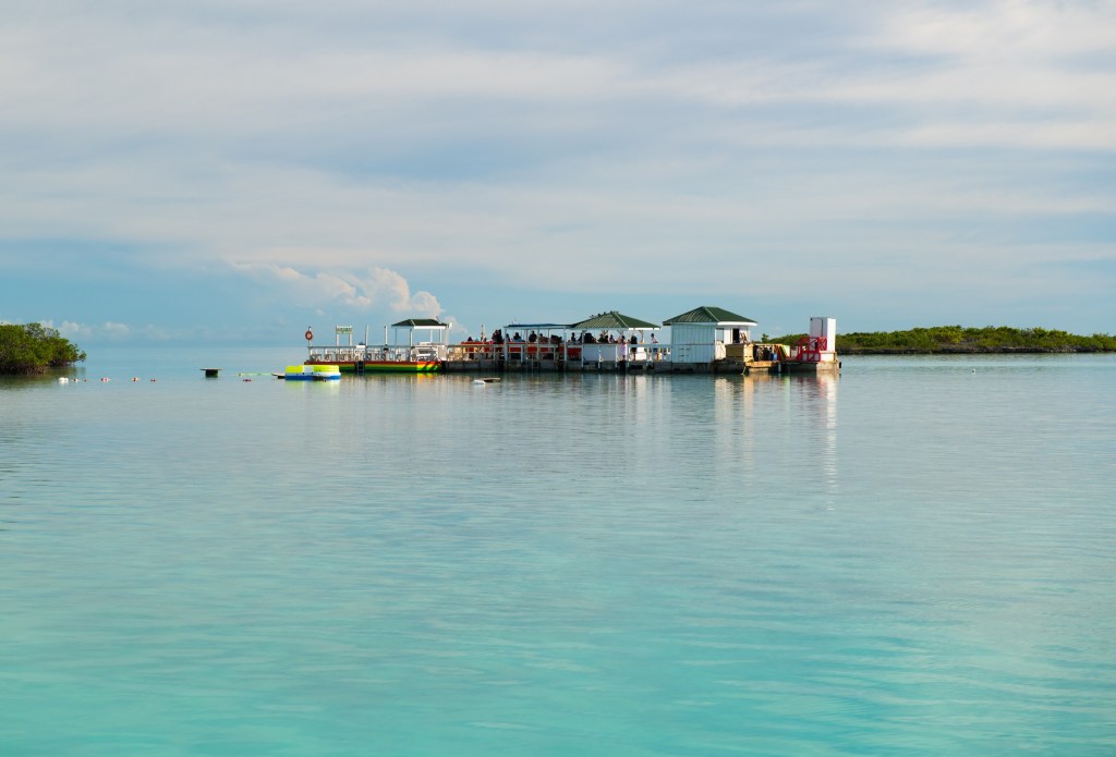 Floating bar and lounge on serene water with distant greenery.