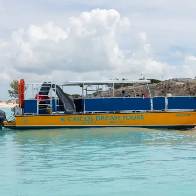 a blue and white boat sitting next to a body of water