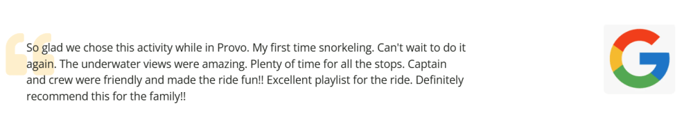 Customer review praising snorkeling experience, with a Google logo on the right.