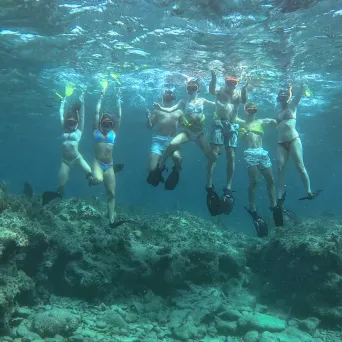 a group of people are underwater