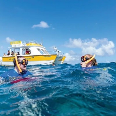 Two snorkelers in open water near a yellow tour boat under a blue sky.